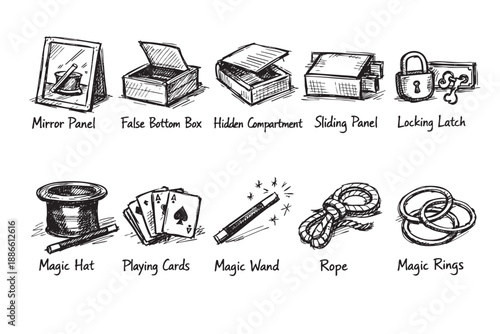 Black and white illustration of magic trick components, including a mirror panel, false bottom box, playing cards, magic wand, and rope, on a clean white backdrop.