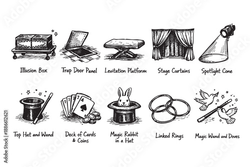 Hand drawn collection of magic show equipment and props in a sketch style, perfect for illustrating themes of entertainment, illusion, and wonder.