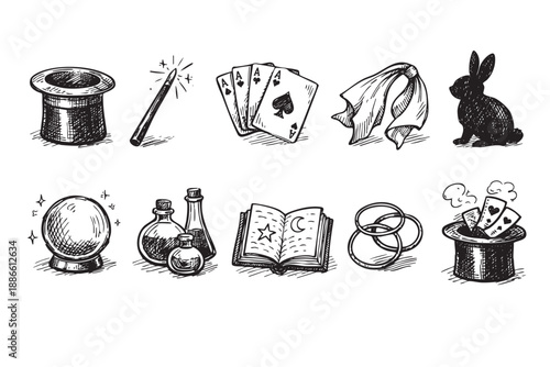 Hand drawn sketch of magic trick elements featuring a hat, playing cards, a rabbit, potions and more, set against a clean white background.