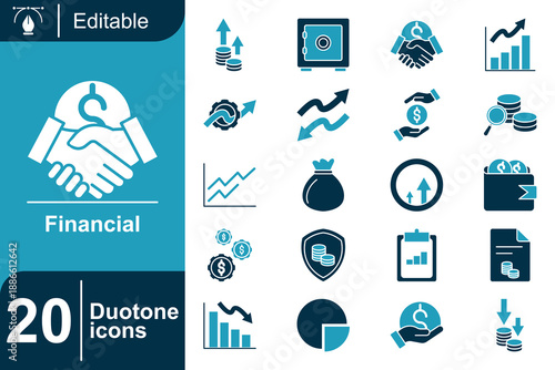 Financial Duotone Icon Set Handshake, Safe, Growth Charts, Money Bag, Shield, and More for Business and Finance