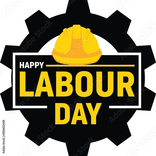 Happy labour day with industrial gear and hard hat vector isolated on white background, Vector