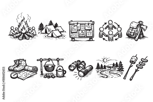 Collection of camping themed sketches in black and white featuring a campfire, tents, backpack, marshmallows, map, boots and more, ideal for outdoor adventure and recreation concepts.