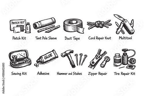 Hand drawn illustration of various repair kits and tools, including patch kit, duct tape, sewing kit, and tire repair, perfect for outdoor gear concepts.