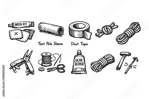 Line art illustration showcases essential camping gear for repair like a patch kit, tape, rope, tools and more. It's clean and perfect for infographics.