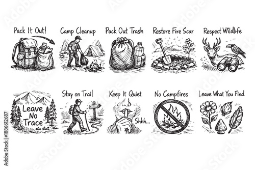 Illustrated guide showcases Leave No Trace principles in black and white, promoting responsible outdoor ethics, conservation, and ecological awareness for hiking and camping.