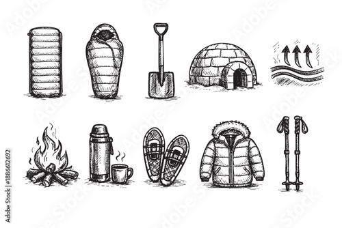 Hand-drawn vector elements of winter camping equipment on a white background, including sleeping bags, snowshoes, a shovel, trekking poles, and other winter survival gear.