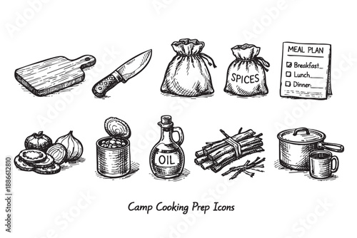 Hand-drawn illustration featuring camping cooking items, spices, oil, a meal plan, cutting board, and food ingredients.