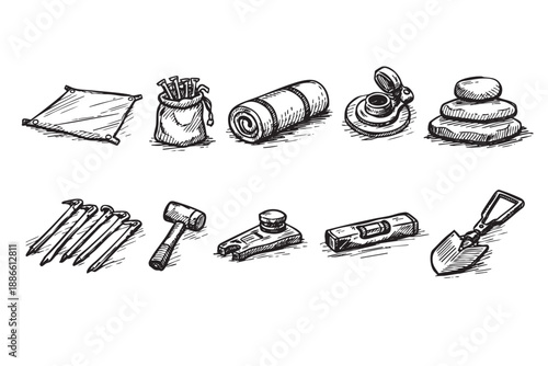 Hand drawn vector line art illustration showing a collection of camping equipment items. Perfect for campsite, tools, exploration, and outdoor recreation concepts.