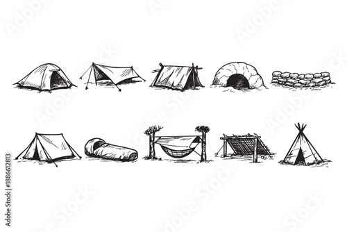 Black and white illustrations depicting different types of camping shelters, including tents, survival shelters, and sleeping bag, useful for camping or outdoor related designs.