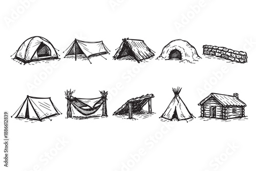Hand-drawn vector illustration depicts various camping structures, including different tent styles, a hammock, lean-to shelter, teepee, and a small log cabin, all in a sketchy, illustrative style.