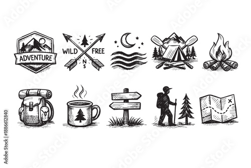 Hand-drawn set features outdoor camping icons: adventure badge, arrows, bonfire, tent, hiker, map, coffee, and backpack, useful for creating a logo or illustrating an adventure concept.