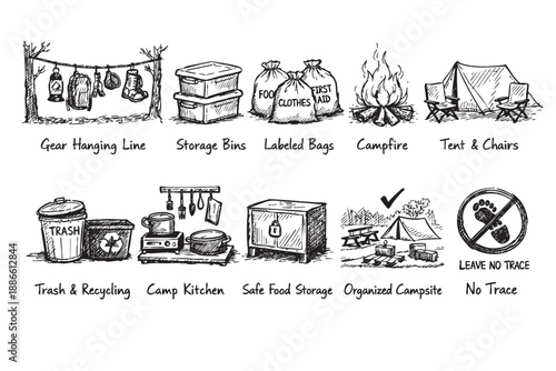 A hand drawn illustration of camping checklist items including campsite, campfire, gear, food storage, and leave no trace concept on white background.