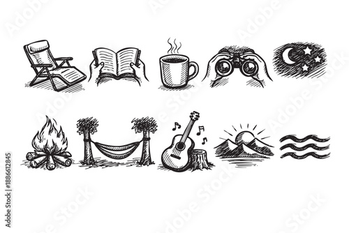 Hand-drawn set of camping related icons, in black and white on a clean white backdrop, perfect for vacation, nature, summer or design elements.