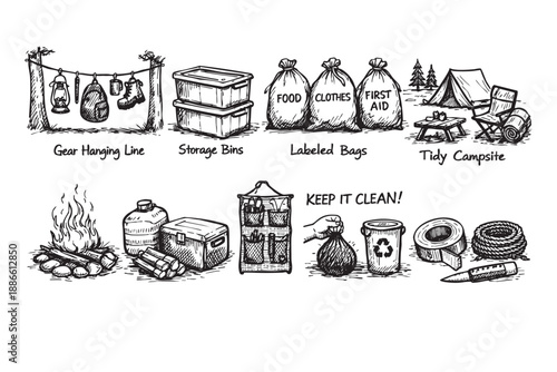 A vector illustration showcases a camping checklist, including gear organization, storage, labeling, campsite tidiness, and waste disposal tips in monochrome drawing style.
