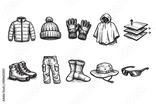 Black and white drawing of outdoor clothing including a puffy jacket, gloves, and layered fabric design. Great for outdoor lifestyle advertising or educational content.