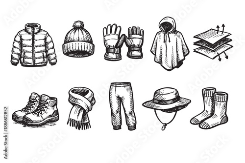 Hand-drawn illustration featuring winter and outdoor gear laid out on a clean, white background, perfect for camping, hiking, or travel designs.