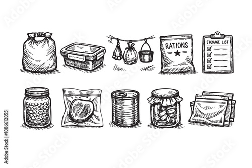 Collection of hand-drawn food storage containers and food items isolated on white; good for design, DIY projects, homesteading, food safety.