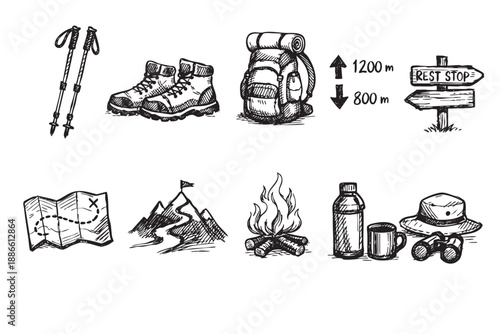 Black and white vector illustration featuring hiking gear, a campfire, mountains, and a map, creating a outdoorsy and adventurous feeling, perfect for adventure-themed designs.