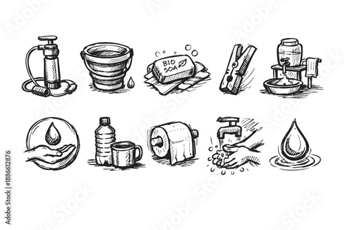 Black and white hand-drawn vector illustration features hygiene related icons, including hand washing, soap, and water conservation. Useful for sanitation concepts.