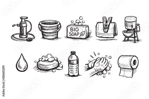 Hand-drawn black and white sketch illustration showing hygiene elements: soap, water, hands washing, and cleaning tools, depicting sanitation, cleanliness and healthy lifestyle concept.