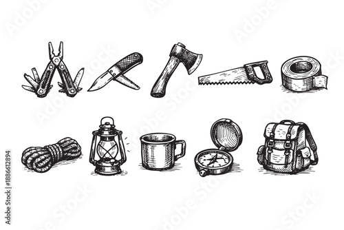 Hand drawn illustration of camping gear including a multi tool, axe, saw, backpack, and compass arranged in a horizontal row on a white background.