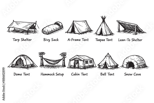 Collection of camping shelters sketched in black and white including tents, lean-to, bivys, hammocks and snow cave on white background.