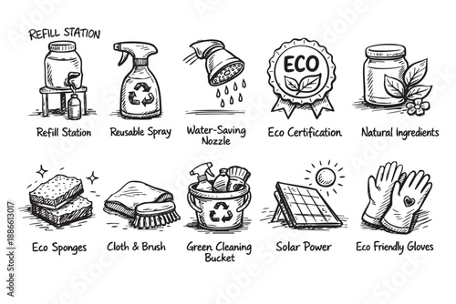 Illustrated vector icons represent eco-friendly living, featuring refill stations, reusable spray, and solar power, symbolizing sustainable and environmentally conscious choices.