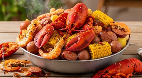 Steaming platter overflows with bright red shellfish, sausage, corn, and potatoes ready for consumption
