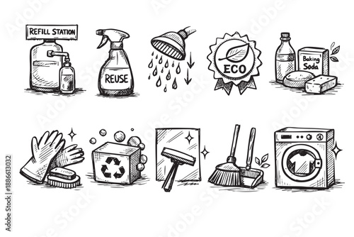 Line art drawings showcase eco-friendly cleaning: refill station, spray bottle, shower, eco label, baking soda, gloves, recycle, squeegee, broom and washing machine.