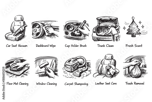 Hand-drawn sketches show various car cleaning tasks, including vacuuming seats, wiping the dashboard, brushing cup holders, trunk cleaning, and removing trash, ideal for car detailing services.