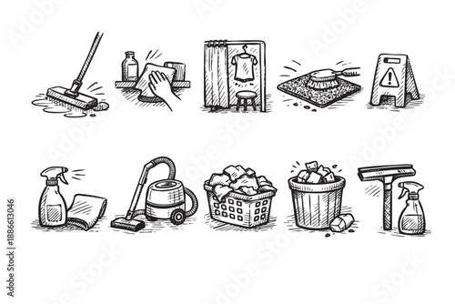 A sketch-style illustration of various cleaning items and scenarios, creating a clean, hygienic and maintained environment at home or work.