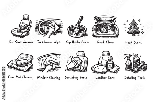Hand-drawn illustration featuring car detailing icons, including seat vacuuming, dashboard wiping, and other car cleaning services. Perfect for automotive care or maintenance content.