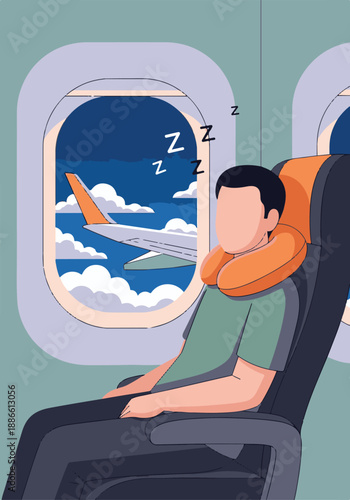 Passenger sleeping peacefully on an airplane with a neck pillow