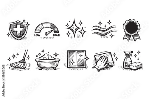 Collection of cleaning symbols in a hand-drawn doodle style, featuring cleaning tools, a bathtub, and cleaning quality.