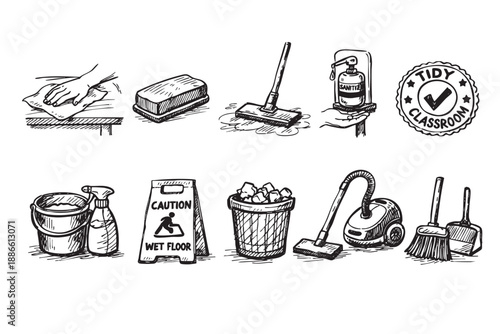 A sketch illustration features various cleaning tools like a mop, vacuum, caution sign, spray, and hand sanitizer against a white background. Perfect for hygiene or sanitation concepts.