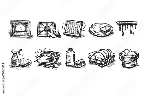 Sketched illustration featuring a set of cleaning icons, representing various household tasks like dishwashing, scrubbing and wiping surfaces, creating a vintage, hand-drawn feel.