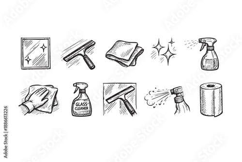 Hand-drawn illustration showing various cleaning supplies, including glass cleaner, squeegee, cloth, and paper towels, set against a clean white background.