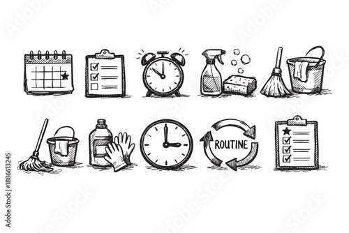 A hand-drawn style illustration showing cleaning tools, schedule and routine on white background, useful for concepts like housekeeping, organizing, planning, and cleaning services.