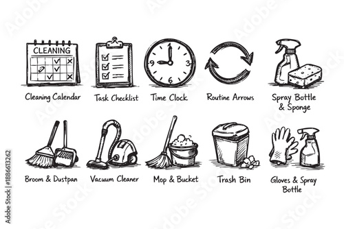 Black and white sketch style icons of cleaning supplies and schedules, perfect for illustrating cleaning concepts.