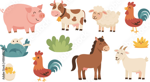 Cute Farm Animal Illustration Set Featuring Pig, Cow, Sheep, Horse, Goat, and Rooster in Flat Vector Style