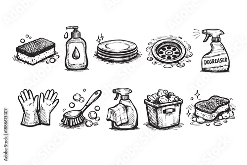 Hand-drawn cleaning supplies doodle set on white background, featuring various elements like sponge, soap, plates, drain, degreaser, gloves, brush, bucket.
