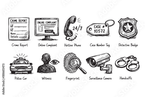 Hand drawn icons representing crime reporting, police investigation, and detective work, set against a white background, useful for illustrating justice or legal concepts.