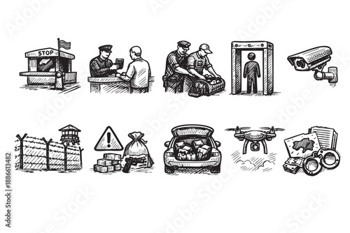 Black and white vector illustration showing security measures: border crossing, baggage search, metal detector, surveillance, and contraband, useful for concepts of control and crime.