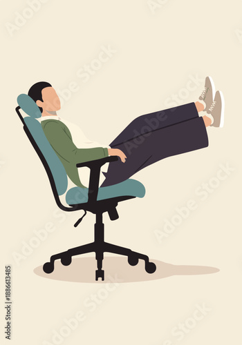 Relaxed person taking a break in a modern office chair with feet up