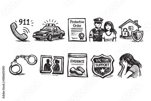 A sketched illustration depicting domestic violence with icons of police, protective order, broken home, and victim support, conveying a somber tone.