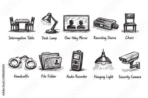 Black and white sketch illustration of items associated with an investigation scene, including furniture, devices and evidence.