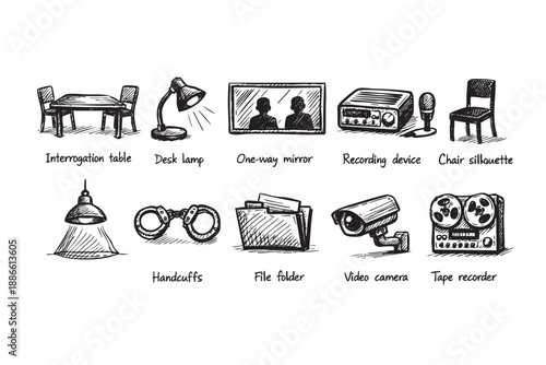 Black and white sketch of items associated with an interrogation: a table, lamp, one-way mirror, recording device, chair, handcuffs, file folder, video camera, and tape recorder.