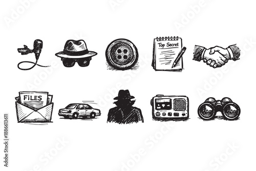 A collection of sketchy spy icons featuring a microphone, car, binoculars, and mysterious person isolated on white, creating a secretive, investigative atmosphere.