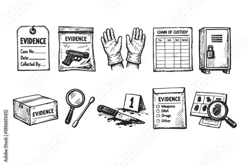 Collection of hand-drawn, black and white vector evidence icons, including a gun, fingerprint, knife, evidence bag, and chain of custody document, suitable for crime investigation themes.