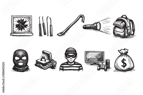 Hand-drawn illustration of burglar with tools and stolen items, creating a vintage, conceptual representation of theft, crime, and breaking and entering.